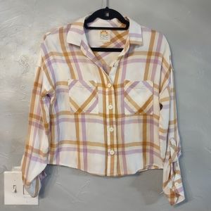 C&C California shirts cross top size S plaid excellent ,Rayon, pocket.